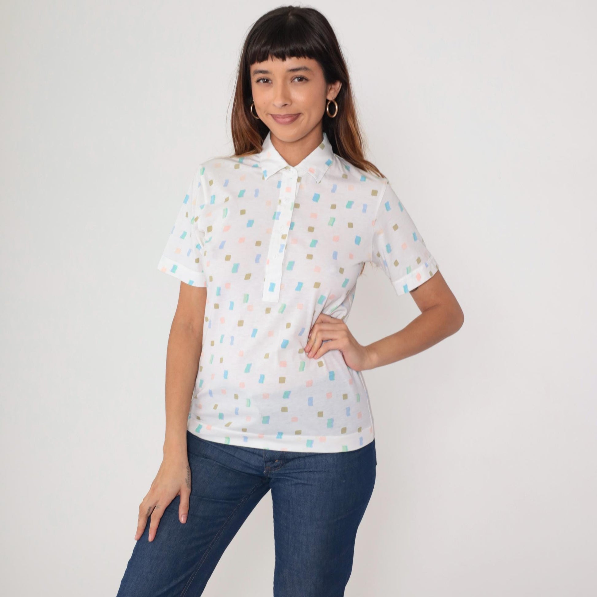 80s Leon Levin Polo Shirt White Geometric Pastel Collared Small S
