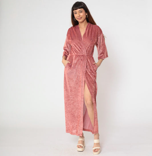 70s Dusty Rose Velour Maxi Robe Karessah Wrap Deep V Kimono Sleeve Small