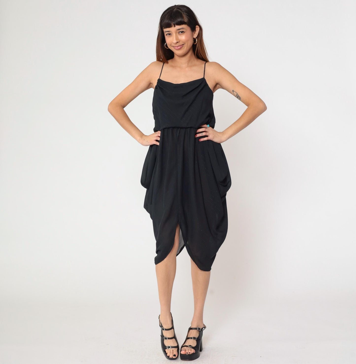 80s Entourage Black Cowl Neck Midi Dress Spaghetti Strap Handkerchief Hem Small