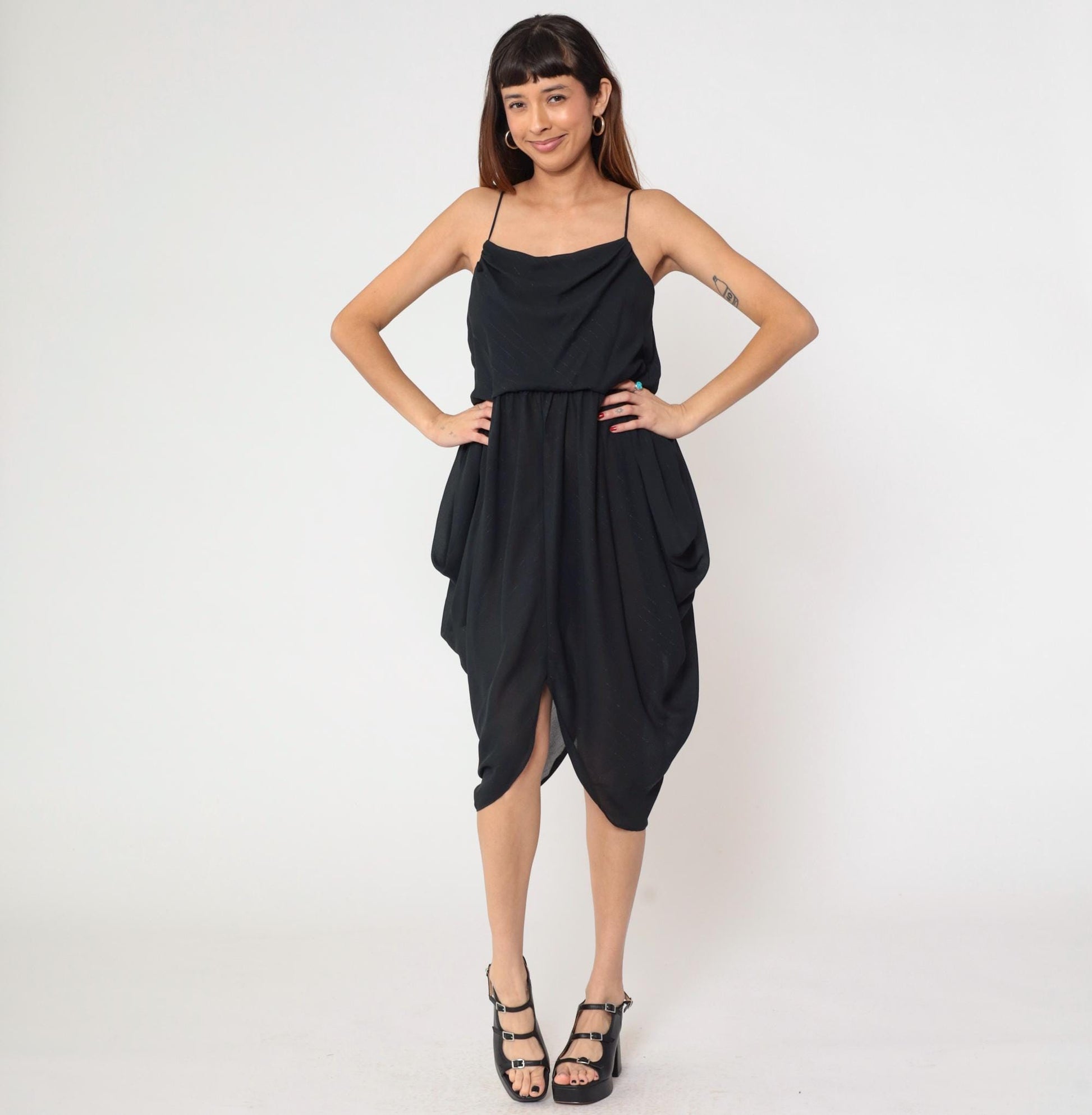 80s Entourage Black Cowl Neck Midi Dress Spaghetti Strap Handkerchief Hem Small