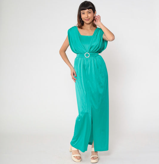 70s Mary Martin Teal Maxi Dress Rhinestone Buckle Square Neck Draped Slit Medium M