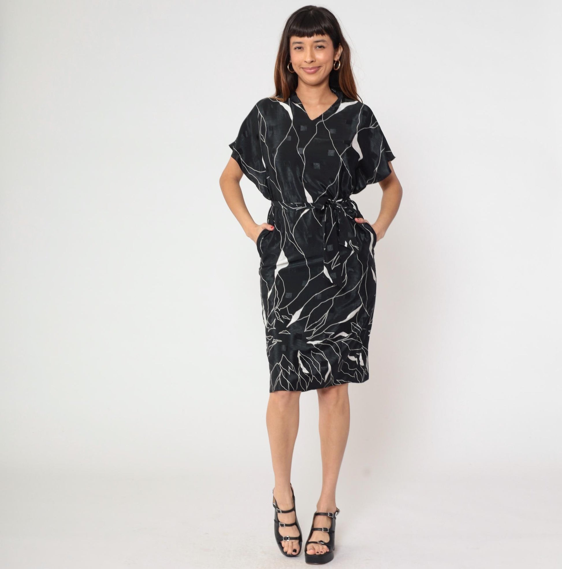 80s Brenner Petites Geometric Midi Dress Black White Abstract Print Belted Medium
