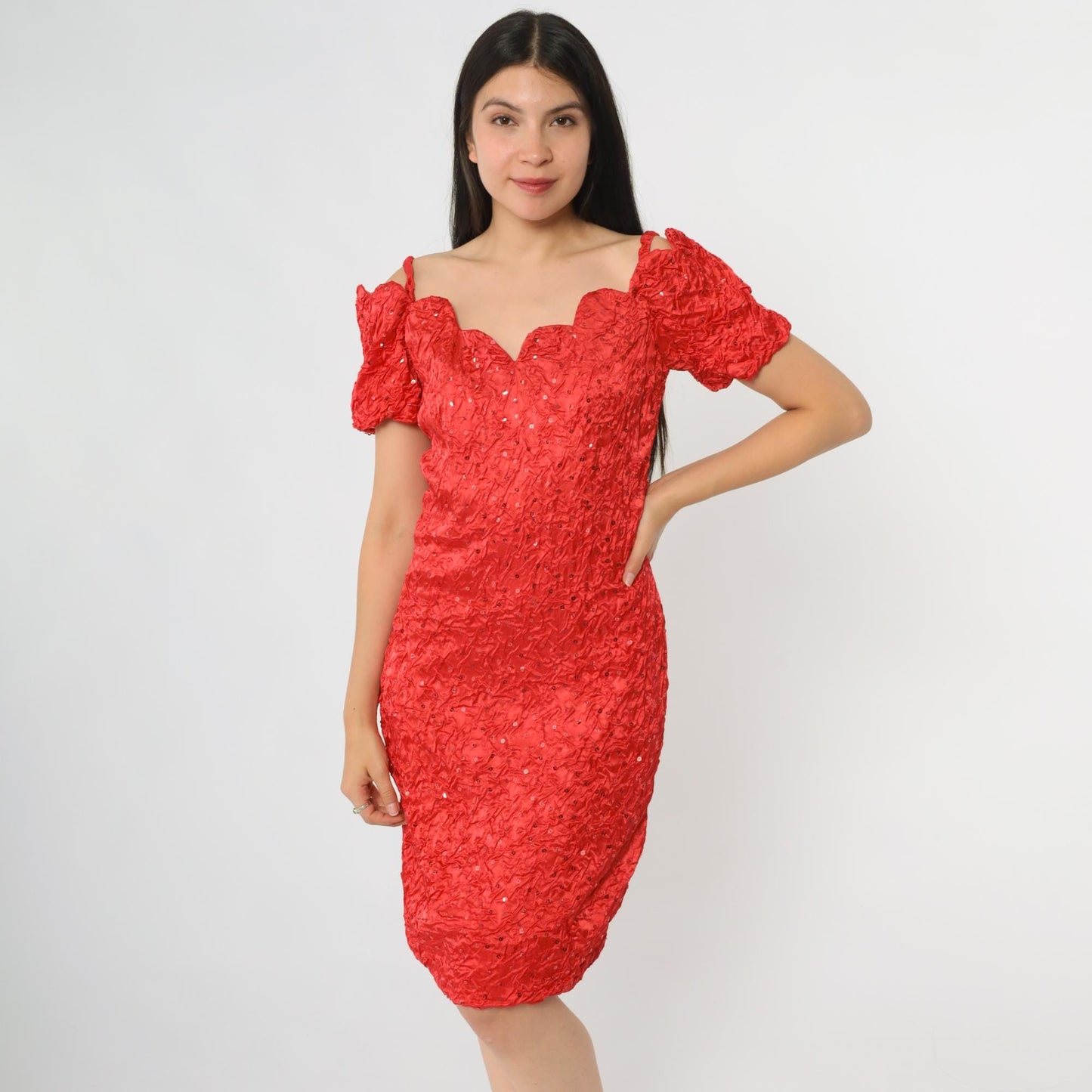 80s Zum Zum Red Sequin Cocktail Dress Off-Shoulder Sweetheart Small