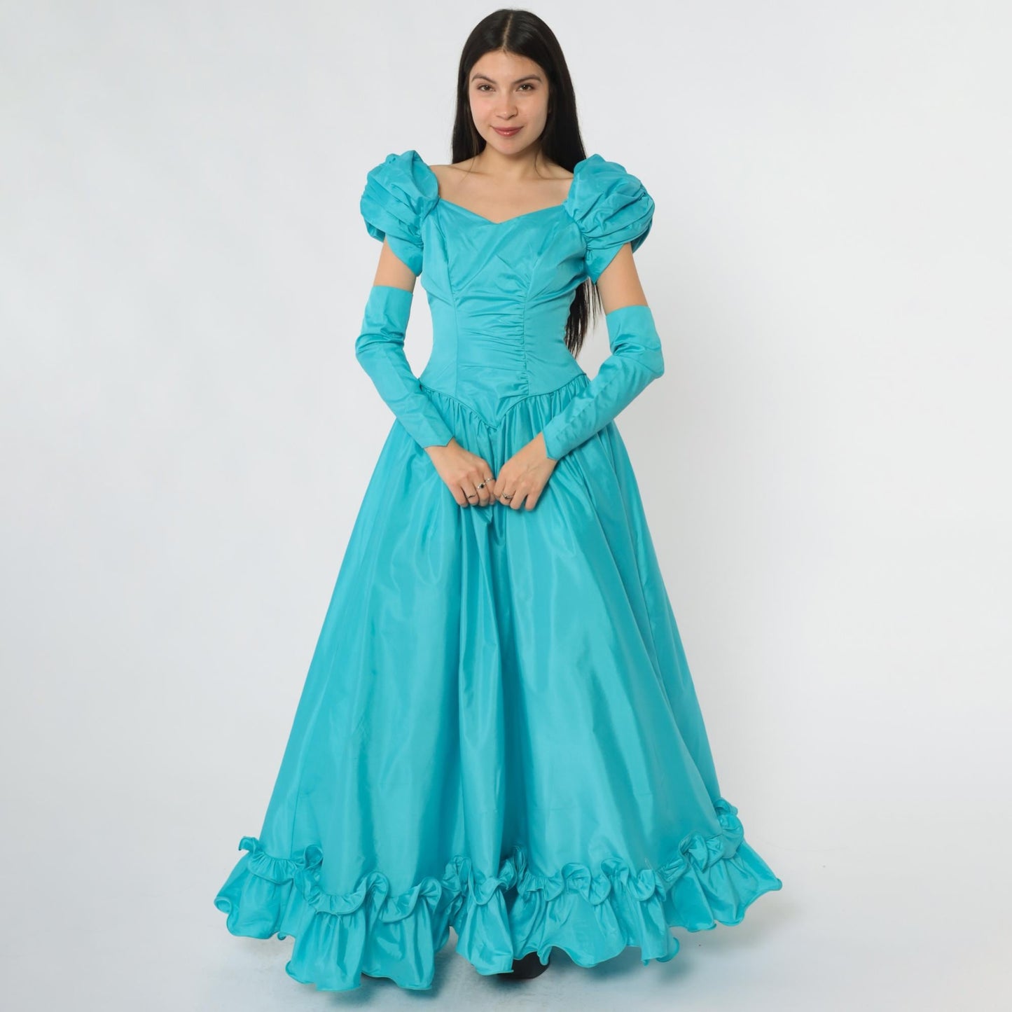 80s Turquoise Ball Gown Puff Sleeve Off-Shoulder Sweetheart Neckline Extra Small XS