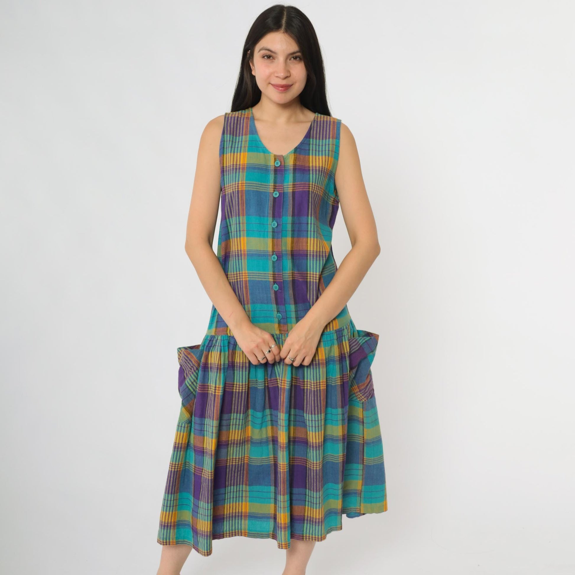 90s Honors Apparel Plaid Midi Dress Teal Purple Yellow Button Front Medium