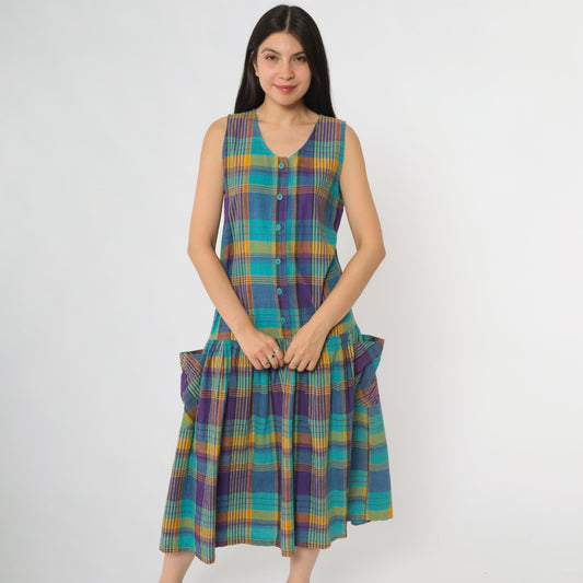 90s Honors Apparel Plaid Midi Dress Teal Purple Yellow Button Front Medium