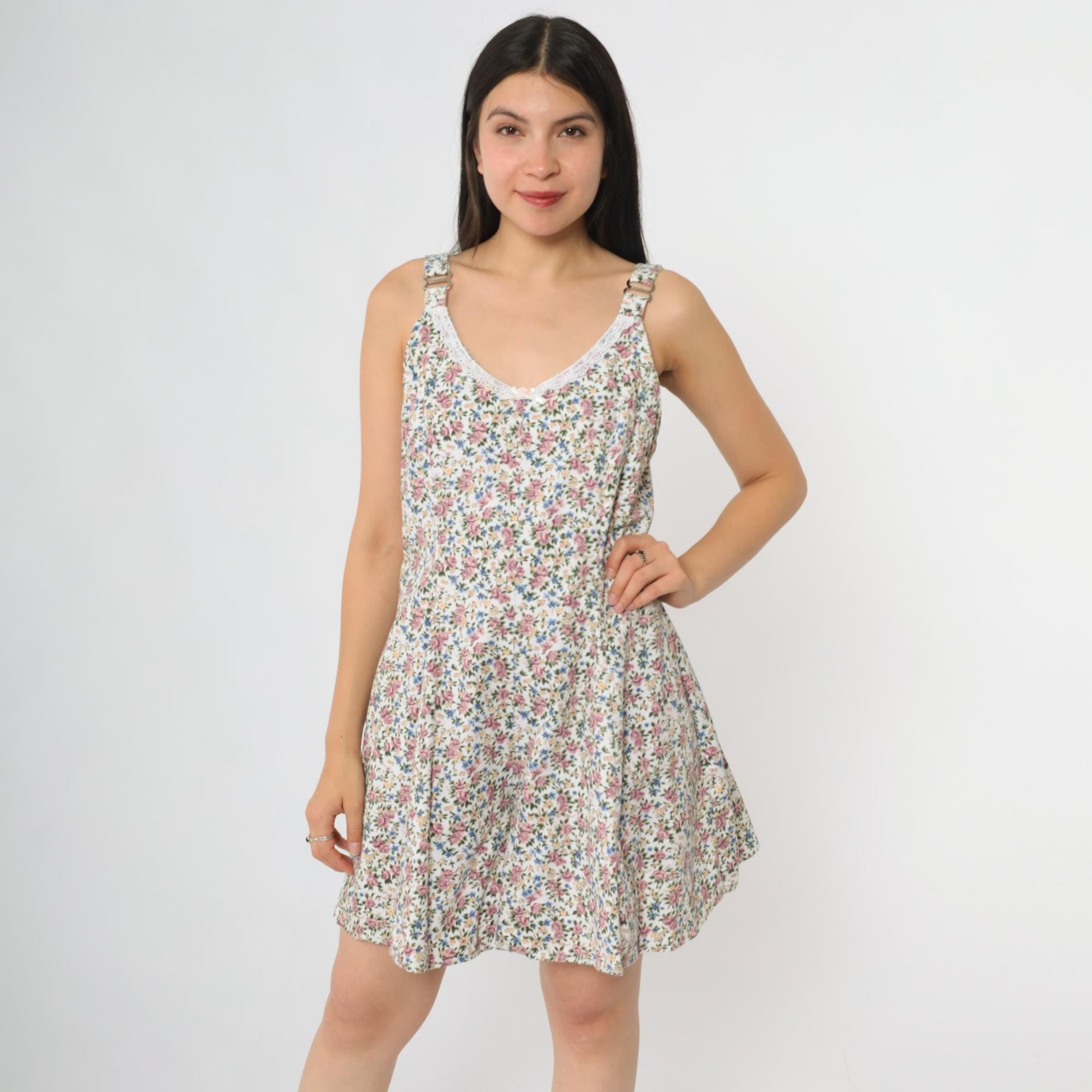 90s Stefano International White Floral Mini Romper Tank V-Neck Lace Trim Medium