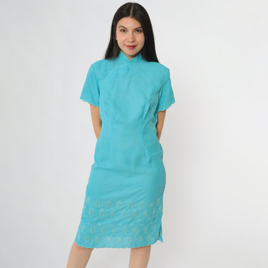 60s Turquoise Shift Dress Mandarin Collar Embroidered Eyelet Mini Large L