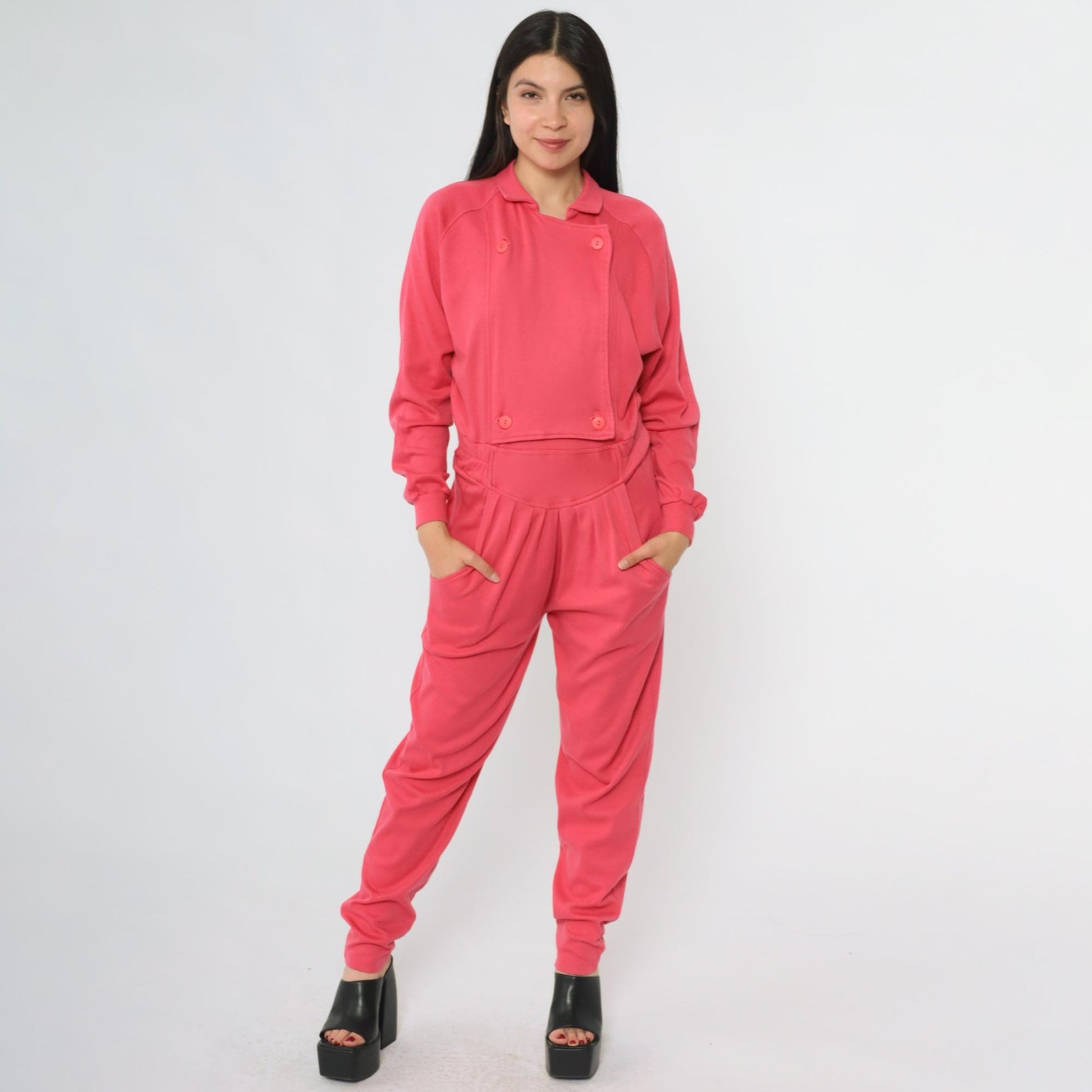 80s Hot Pink Tracksuit OS International Button Jacket Tapered Pants Small