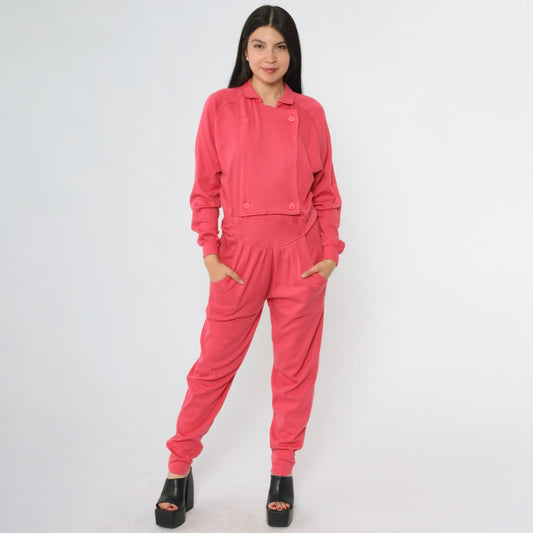 80s Hot Pink Tracksuit OS International Button Jacket Tapered Pants Small