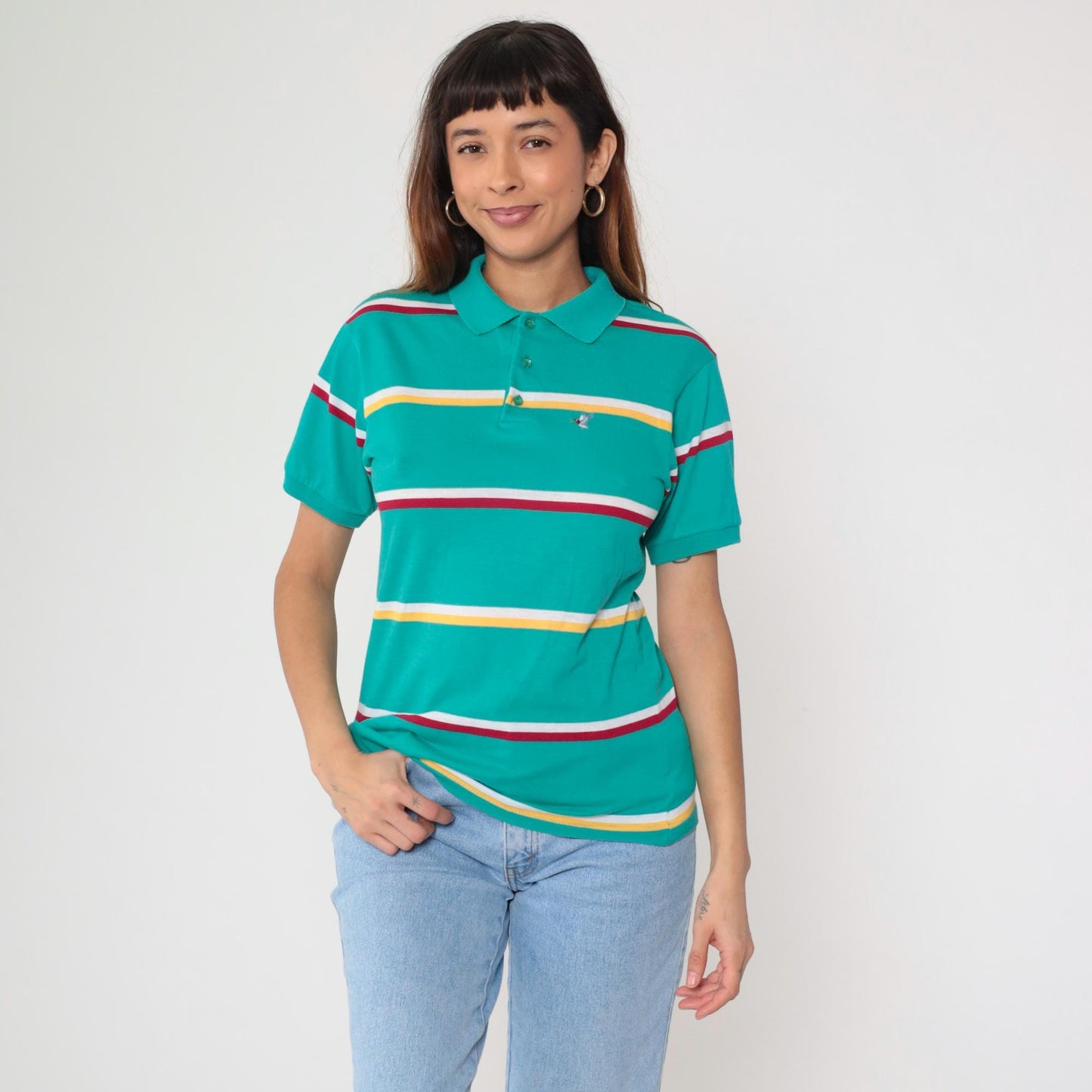 80s Green Striped Polo Shirt Duck Crest Embroidered Collared Large L
