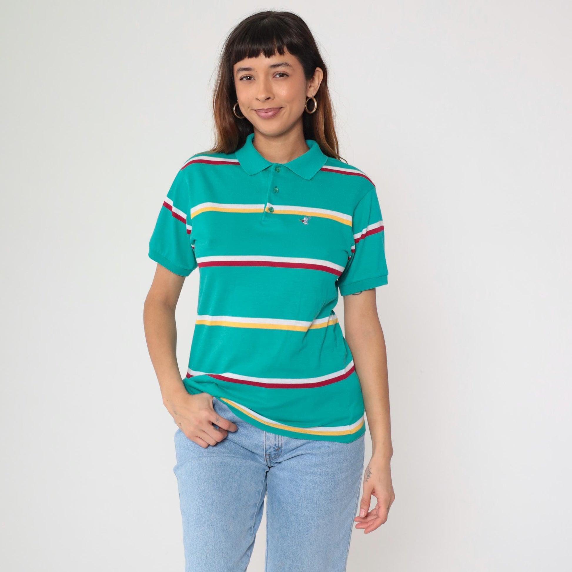 80s Green Striped Polo Shirt Duck Crest Embroidered Collared Large L