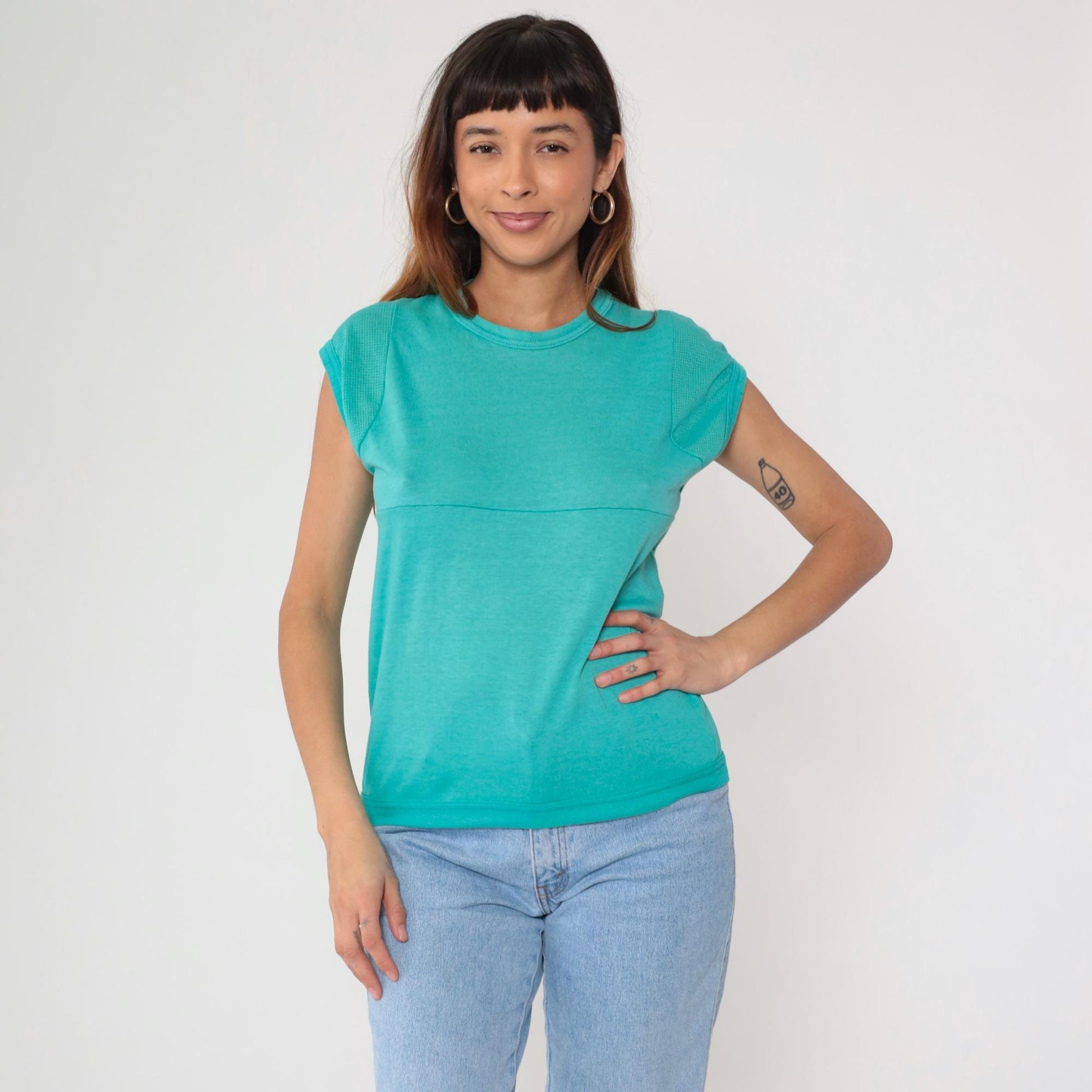 80s Turquoise Athletic Tank Top Mesh Panels Crew Neck Small Medium