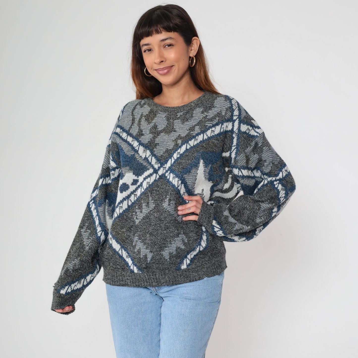 80s Geometric Sweater Crewneck Knit Grey Blue Southwestern Diamond Pattern Large L