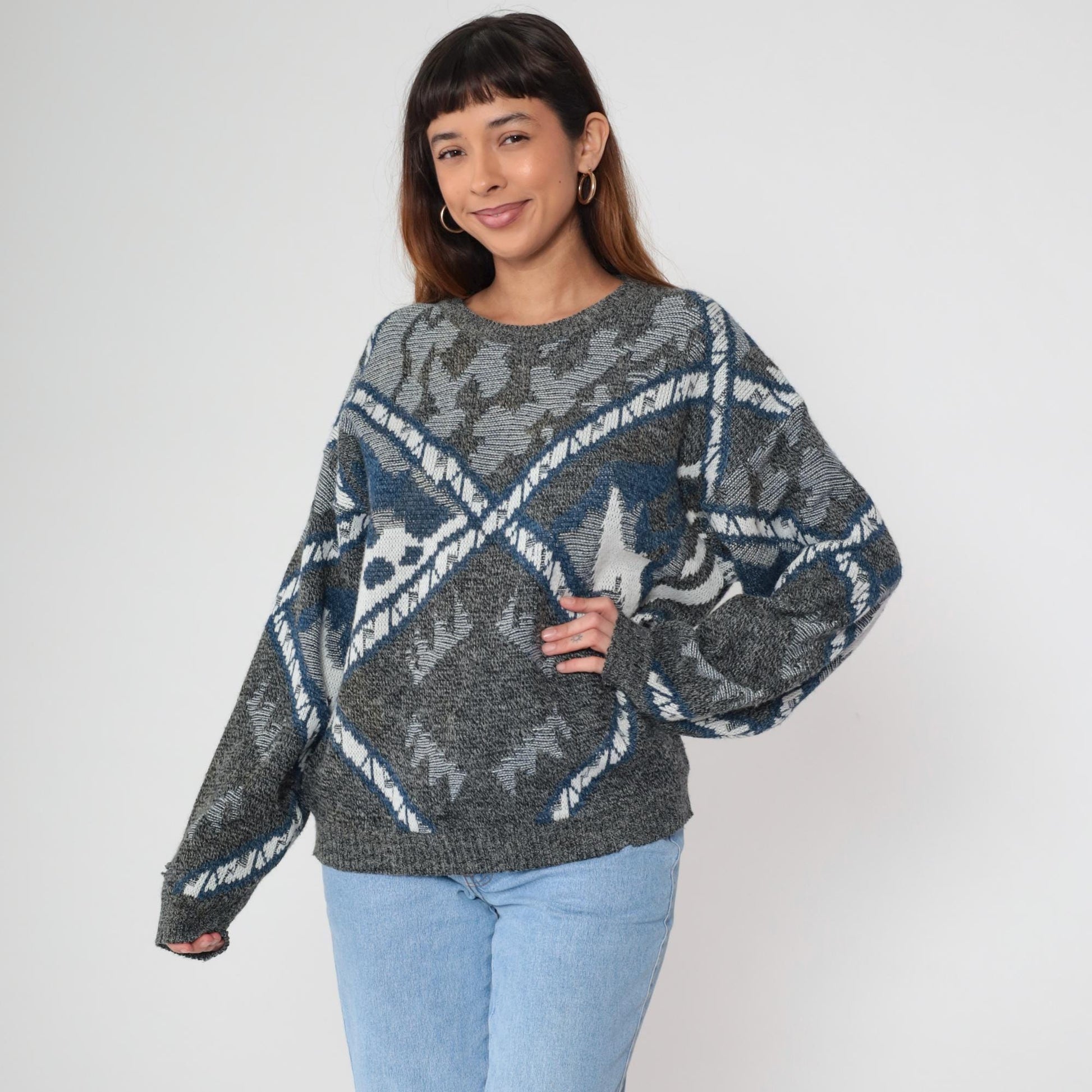80s Geometric Sweater Crewneck Knit Grey Blue Southwestern Diamond Pattern Large L