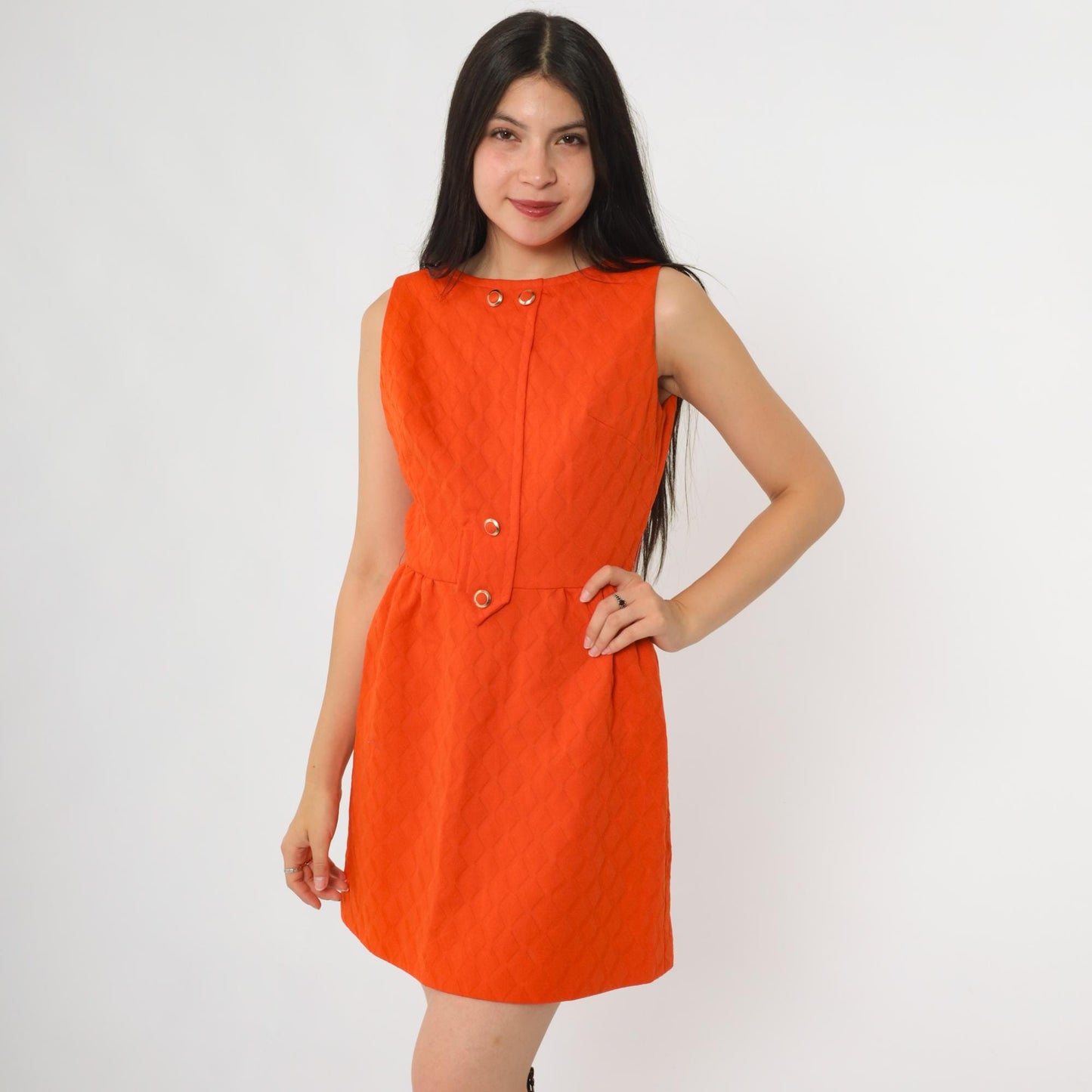 60s Orange Mod Mini Shift Dress A n R Jr Gold Button XS