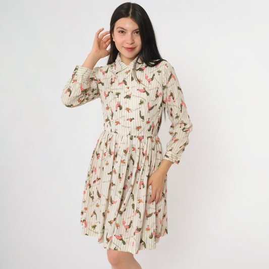 60s Rooster Print Cream Dress Peter Pan Collar Button Front Extra Small XS
