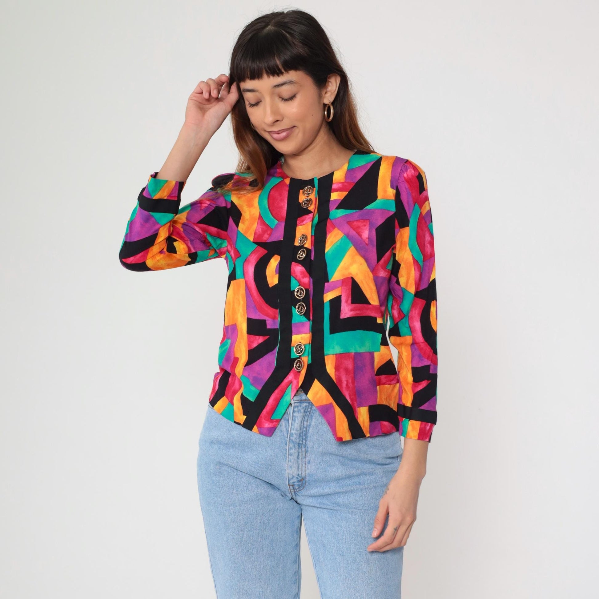 90s Lady Carol Petites Geometric Rayon Blazer Rainbow Abstract Gold Buttons Small