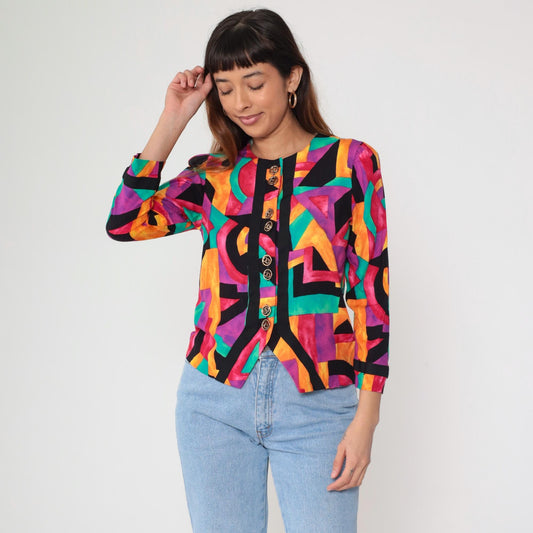 90s Lady Carol Petites Geometric Rayon Blazer Rainbow Abstract Gold Buttons Small
