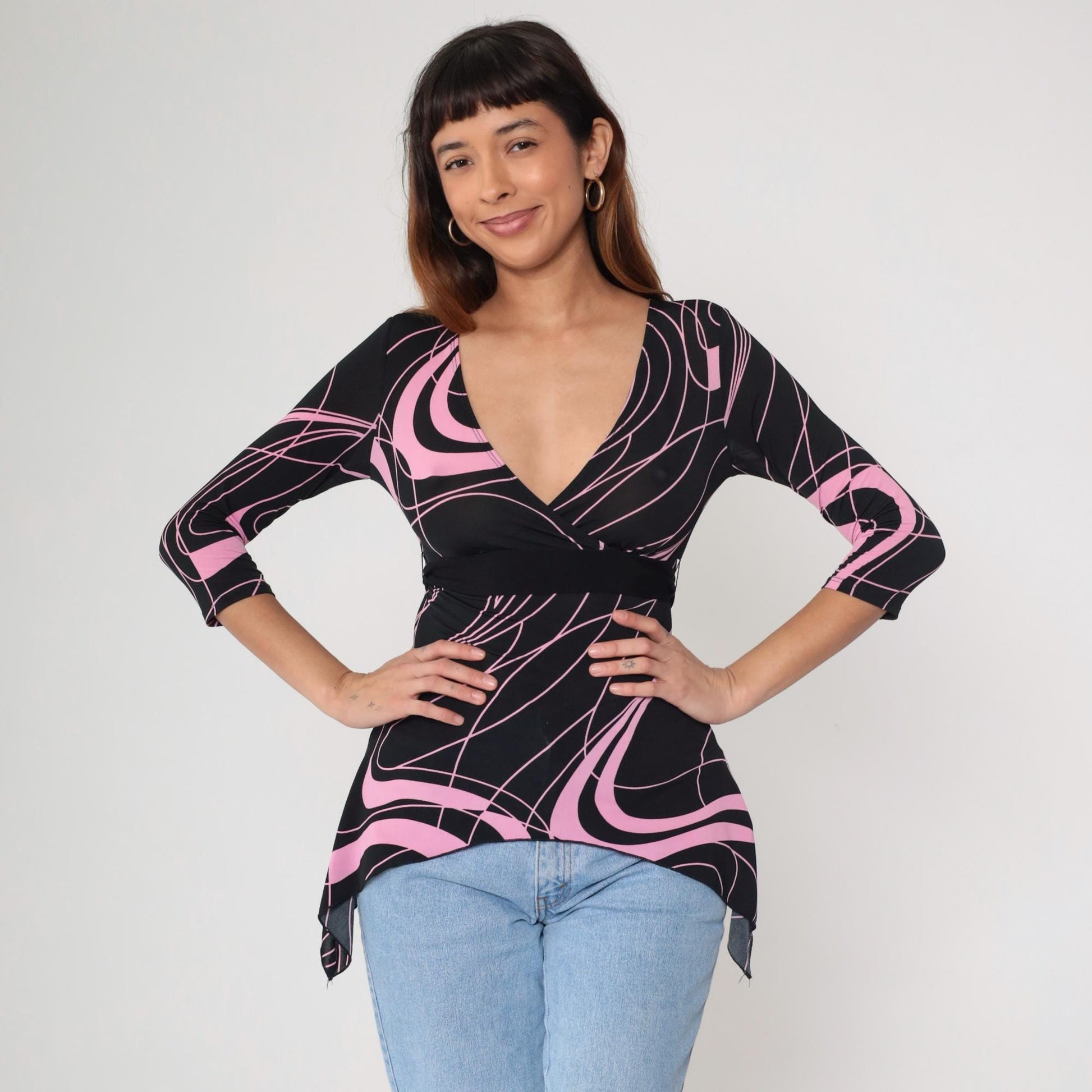 Y2K Tempted Wrap Top Black Pink Swirl Print V-Neck Small S