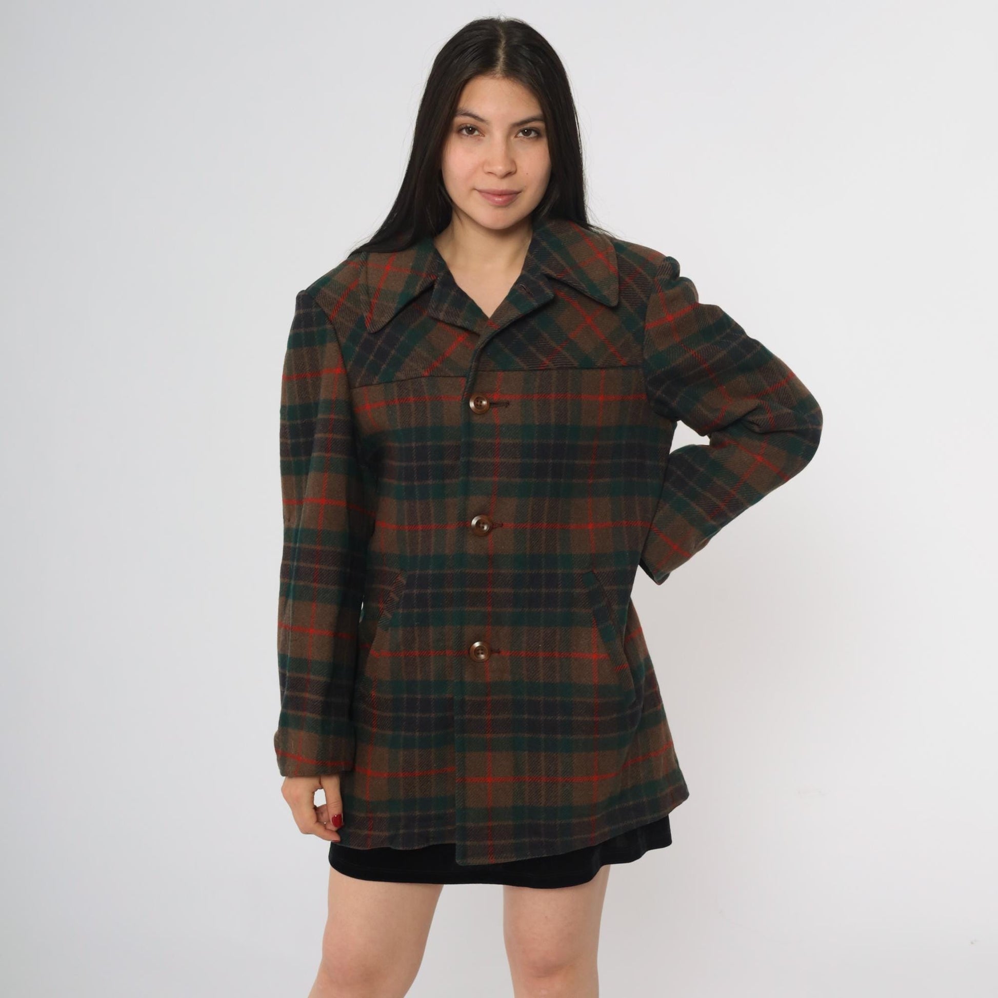 70s Pendleton Wool Coat Brown Green Red Plaid Button Front Medium M
