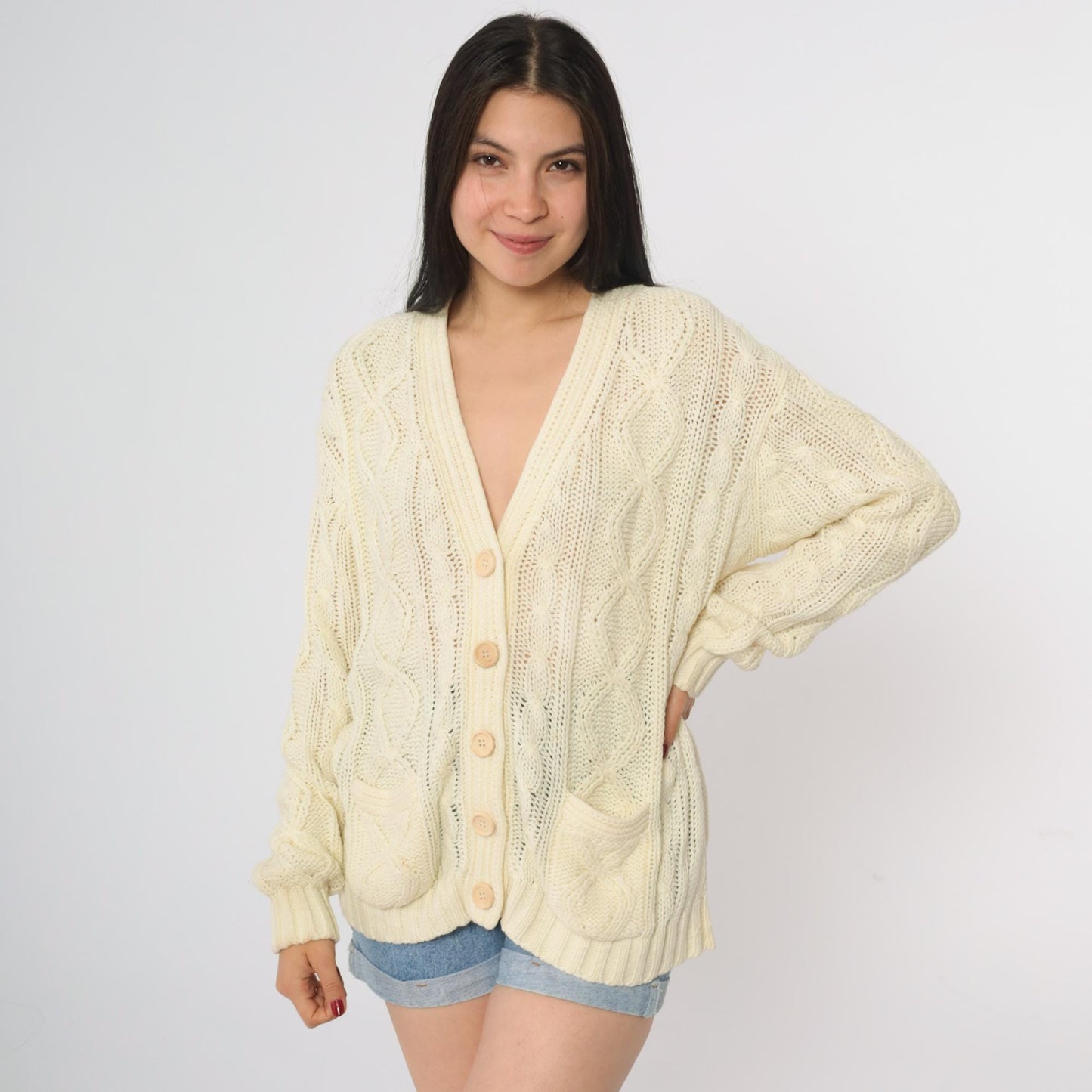 80s Cream Cable Knit Cardigan Deep V-Neck Button Front Chunky Knit Large