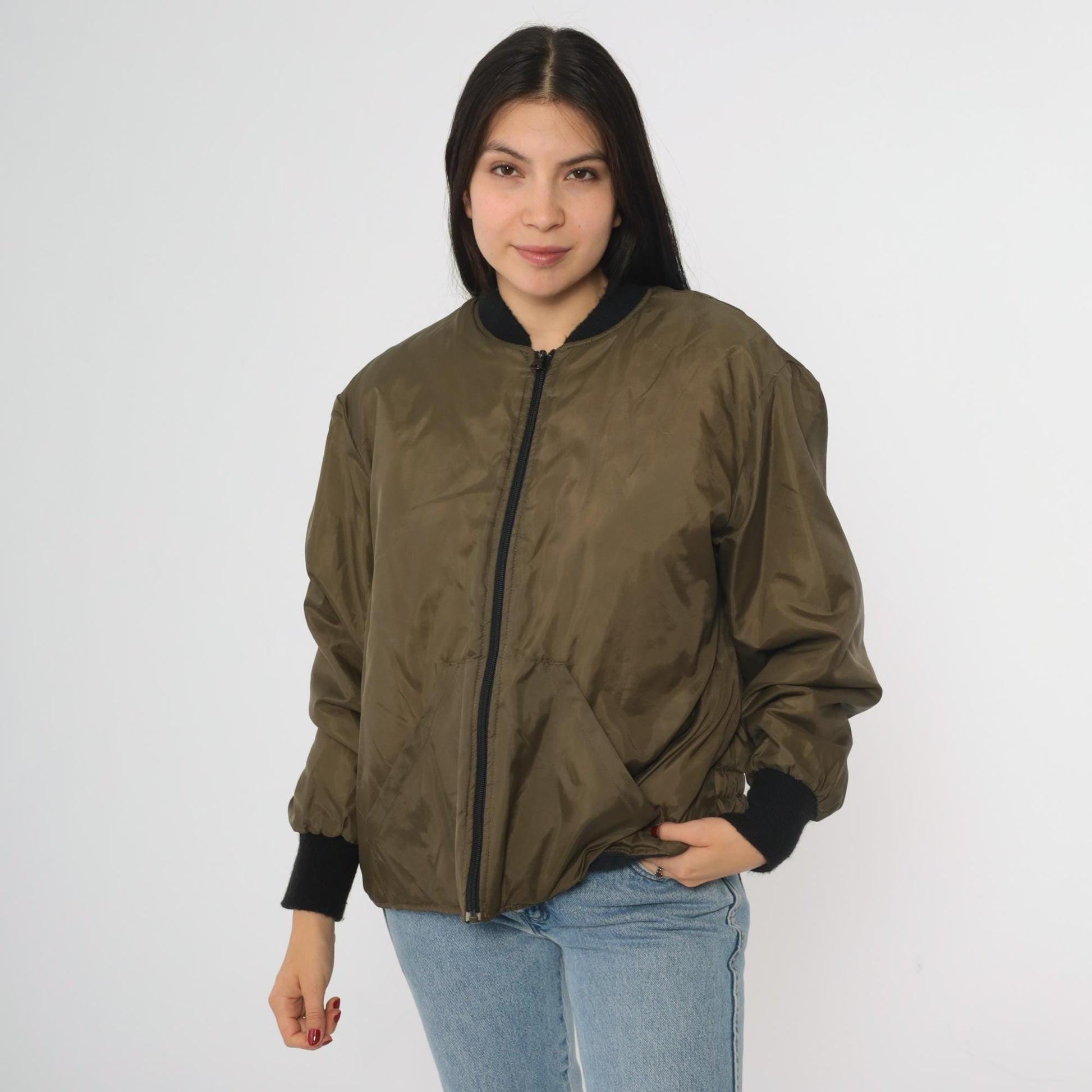 90s RedHead Olive Green Nylon Bomber Jacket Black Rib Trim XL