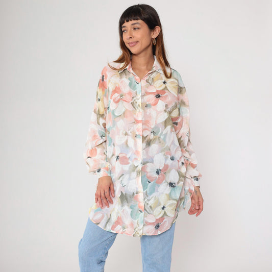 90s Watercolor Floral Button-Up Blouse Coral Mint Yellow Long Sleeve Medium