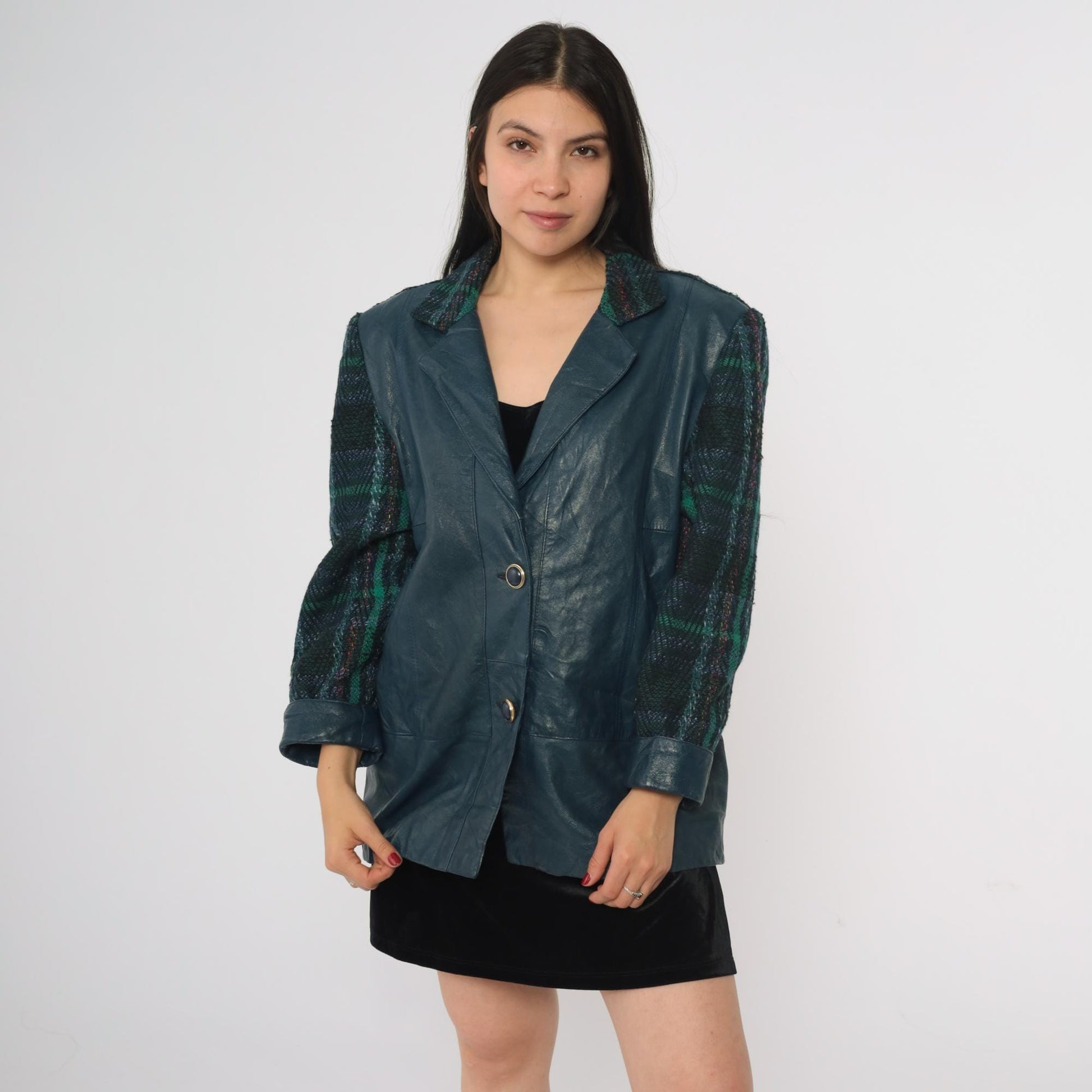 80s Blue Vinyl Plaid Wool Blazer Green Tartan Mixed Material Medium