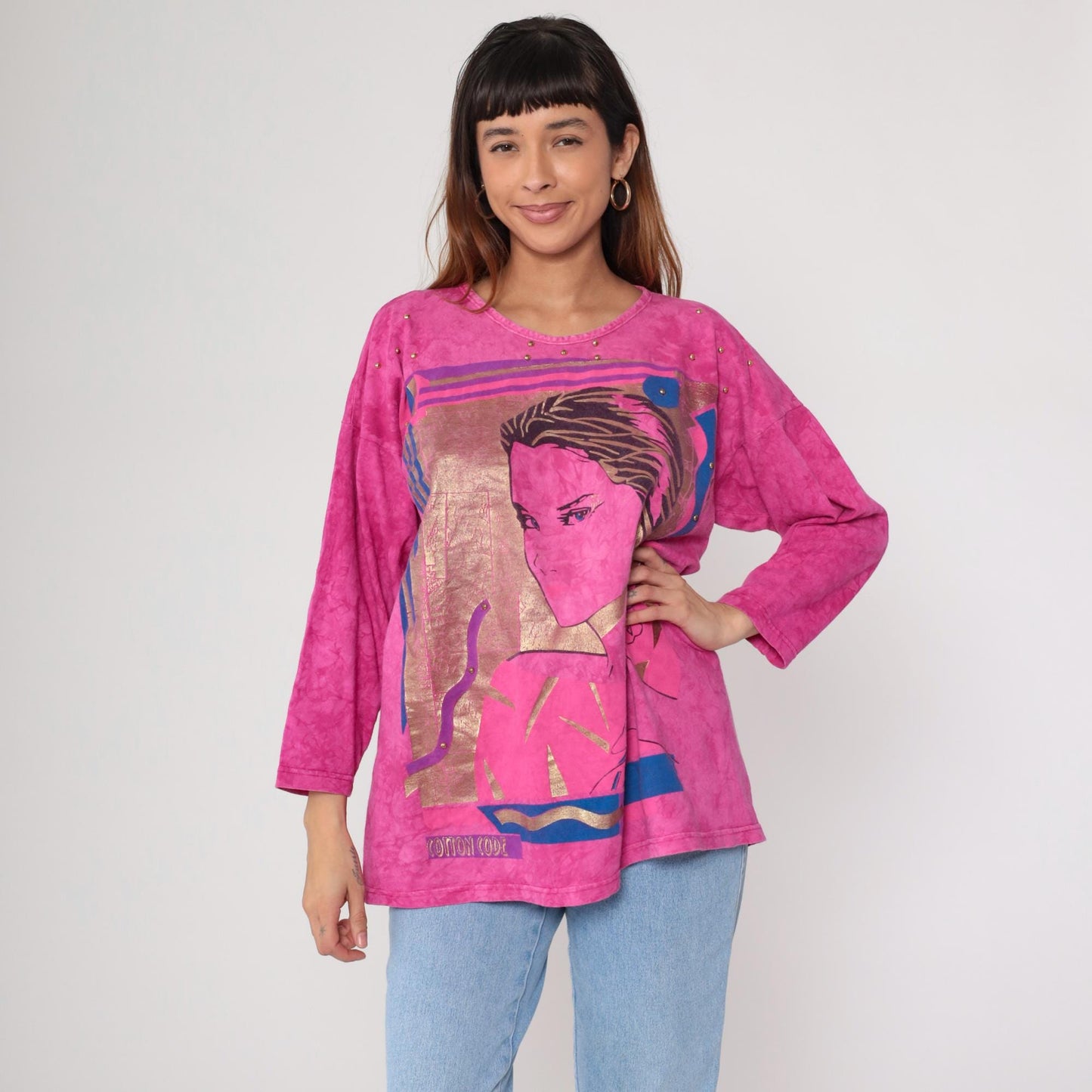 00s Artistic Portrait Graphic Tee Hot Pink Gold Metallic 3/4 Sleeve Medium Large