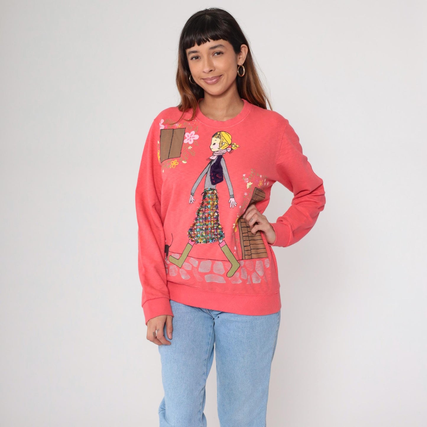 Y2K Coral Pink Sweatshirt Girl Illustration Cat Graphic Crewneck Medium M