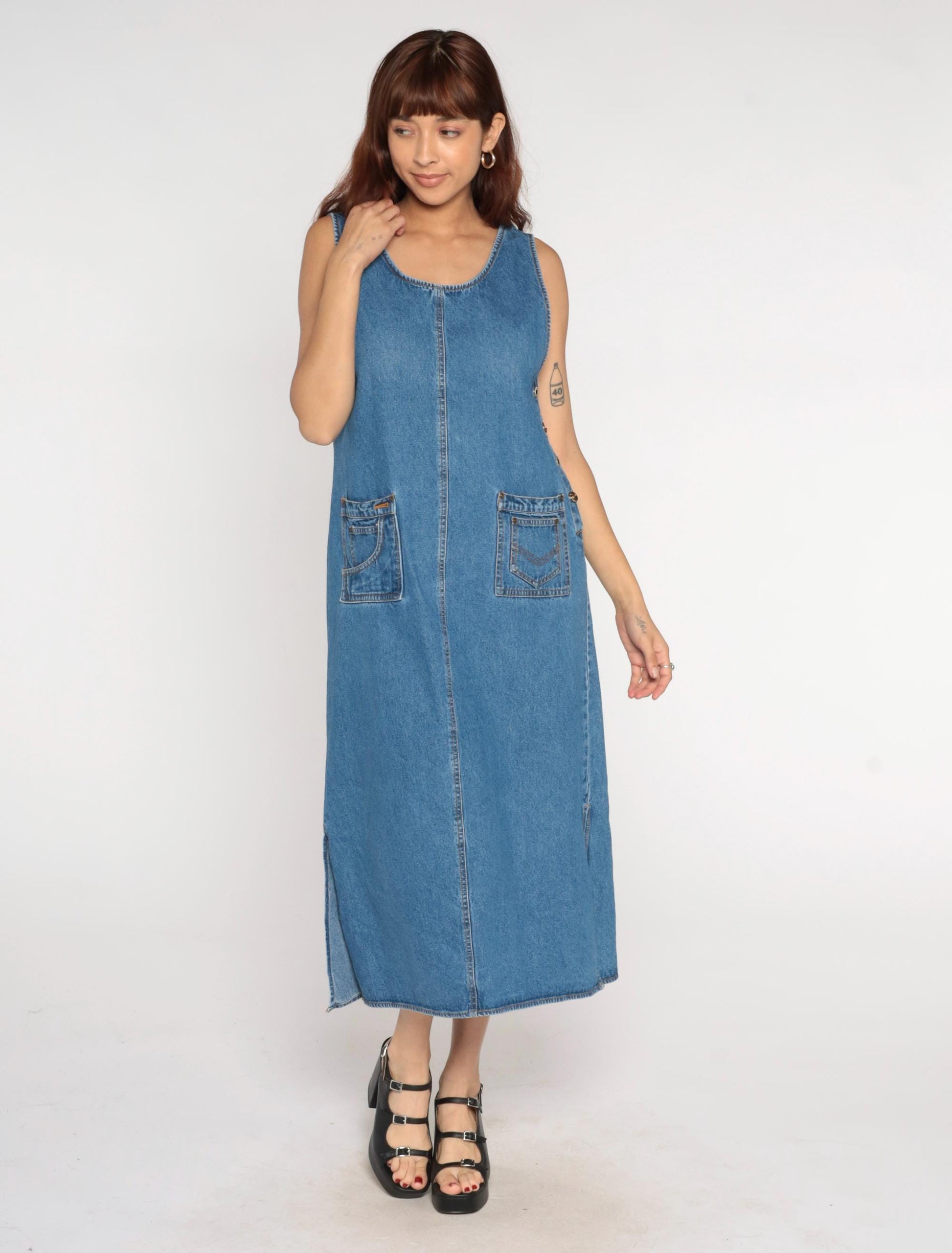 90s Agapo Denim Jumper Dress Blue Cotton Ankle Length Sleeveless Medium M
