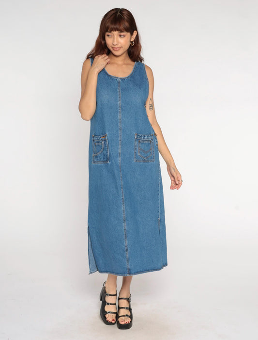 90s Agapo Denim Jumper Dress Blue Cotton Ankle Length Sleeveless Medium M