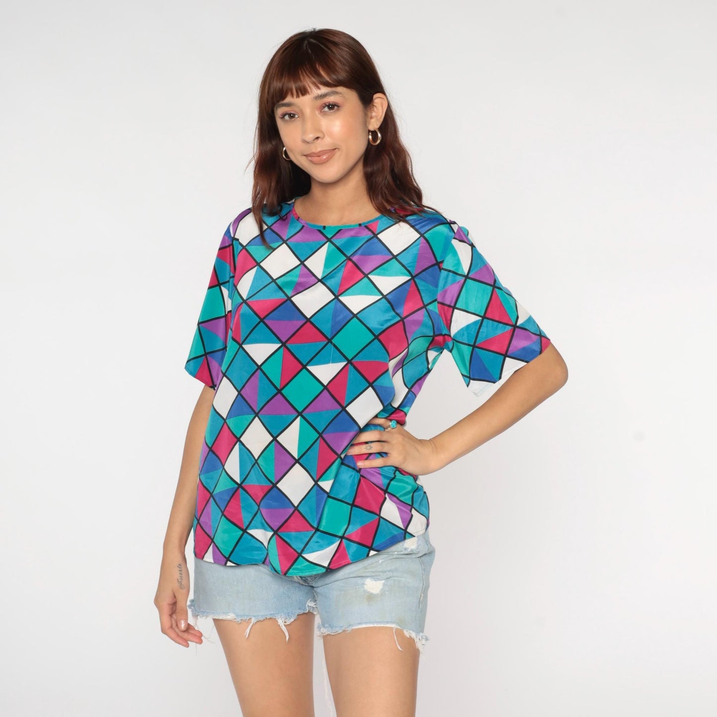 90s Geometric Square Triangle Print Button Up Blouse Colorful Short Sleeve Large L