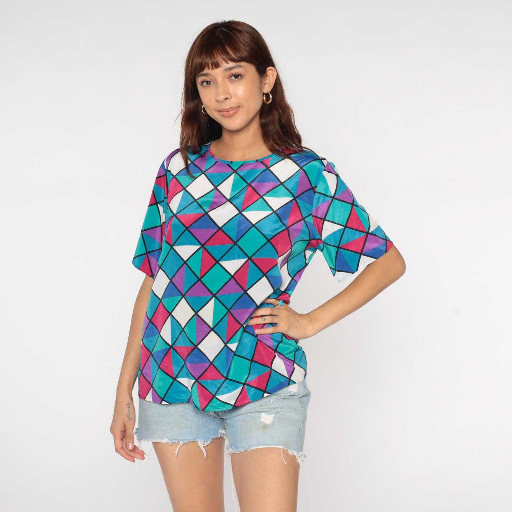 90s Geometric Square Triangle Print Button Up Blouse Colorful Short Sleeve Large L