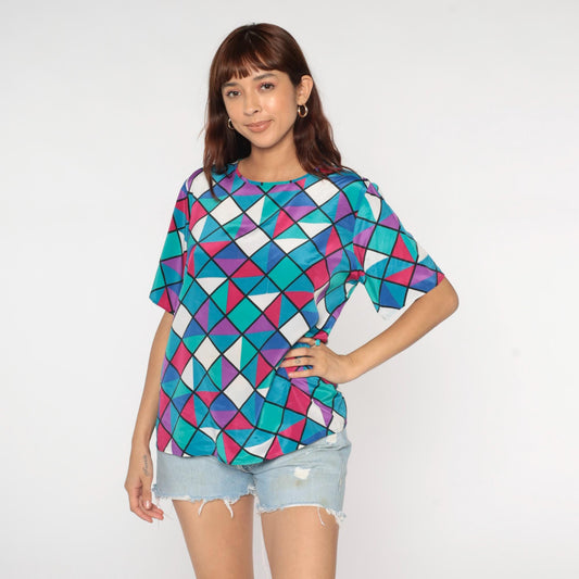 90s Geometric Square Triangle Print Button Up Blouse Colorful Short Sleeve Large L