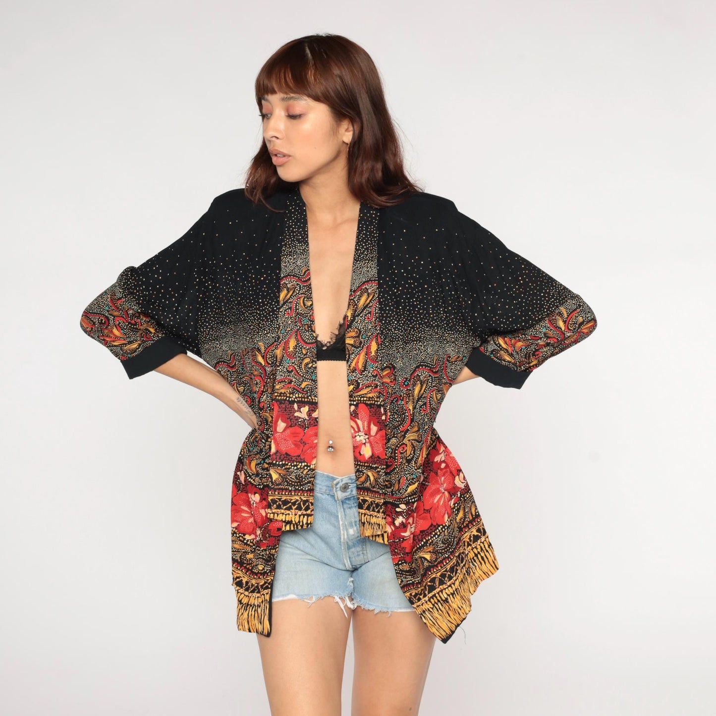 90s Paisley Kimono Cardigan Black Red Gold Floral Open Front Medium M