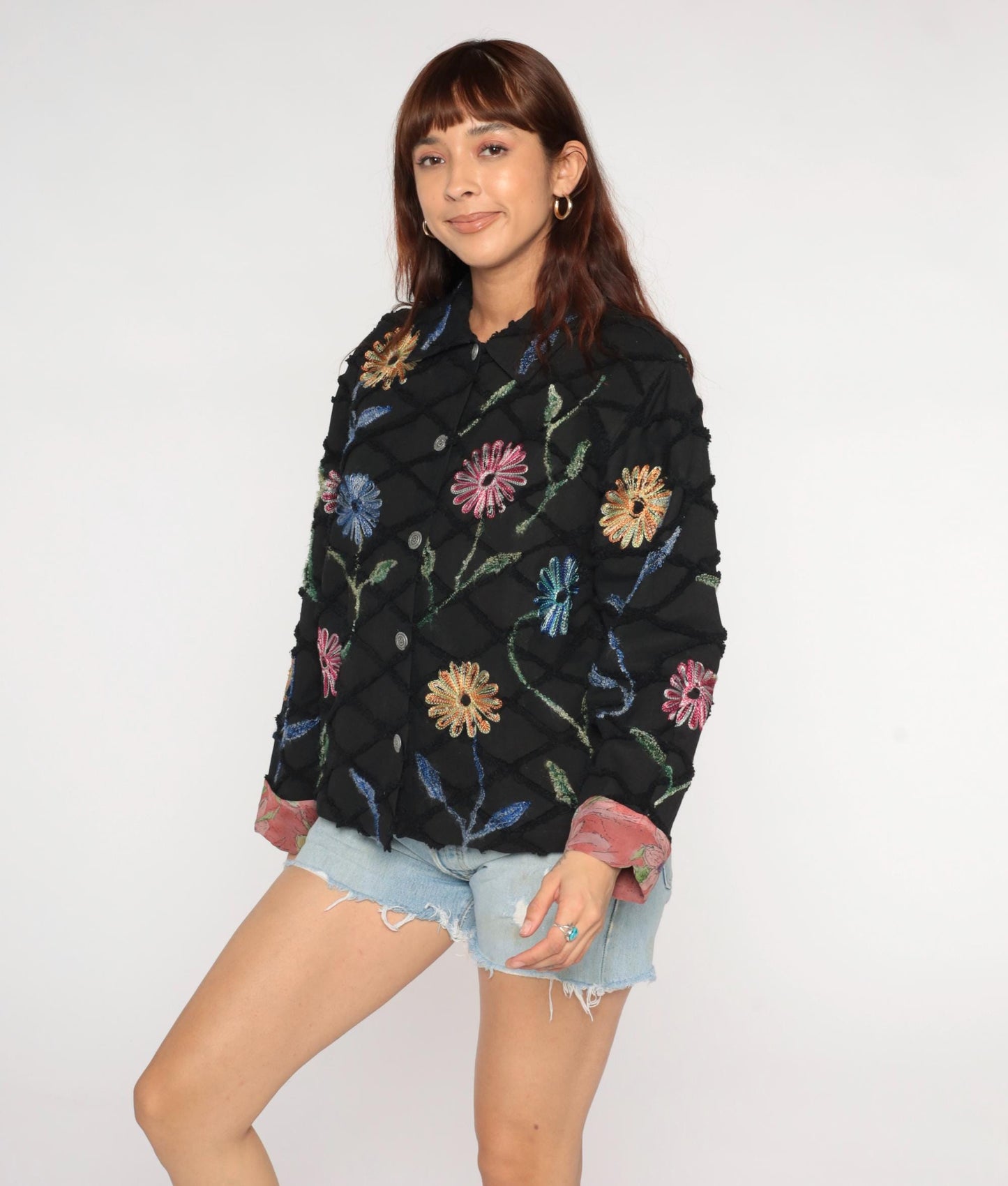 Y2K Black Quilted Cotton Jacket Embroidered Floral Chain Stitch Medium M
