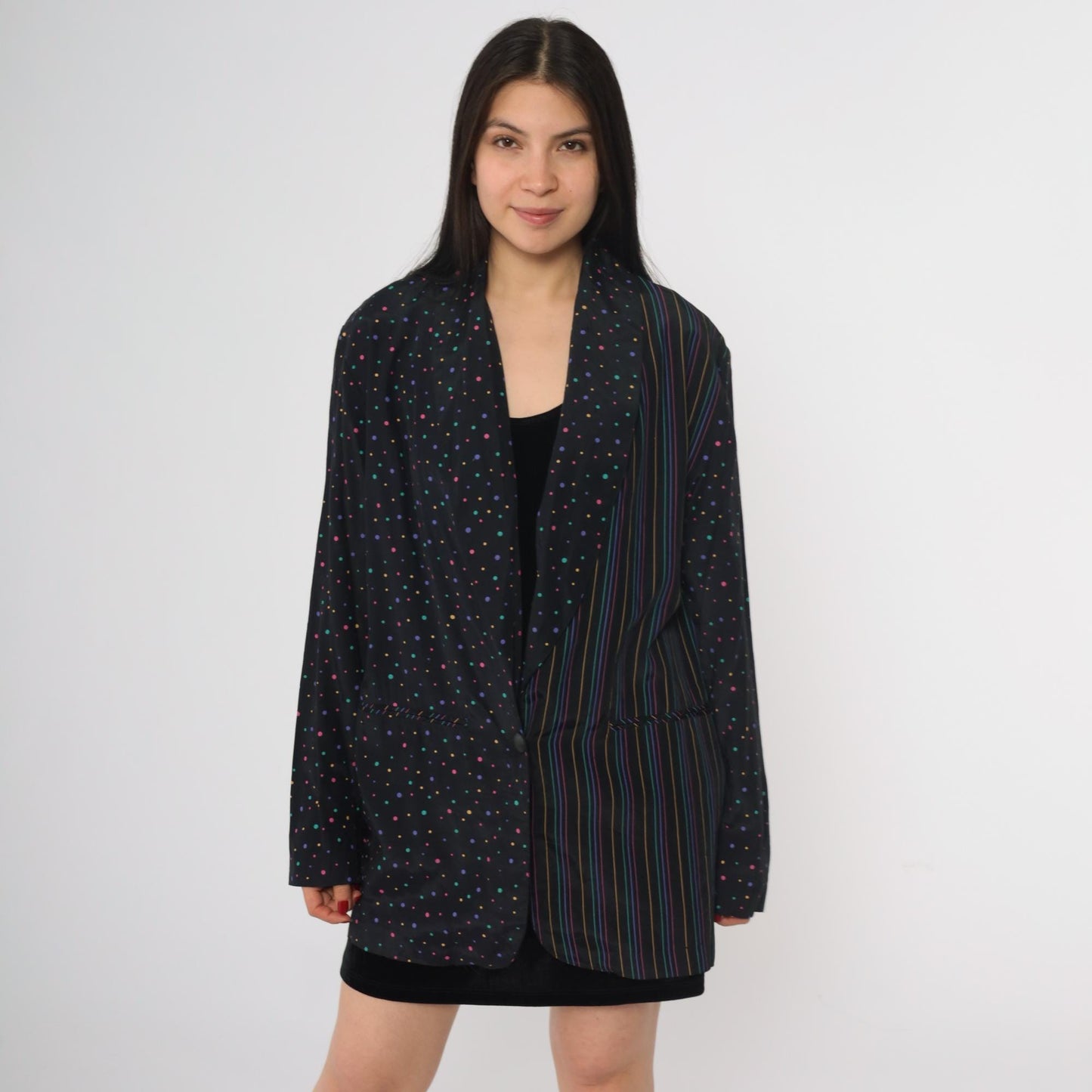 80s Columbus Circle Blazer Black Multicolor Dot Stripe Single Button Medium