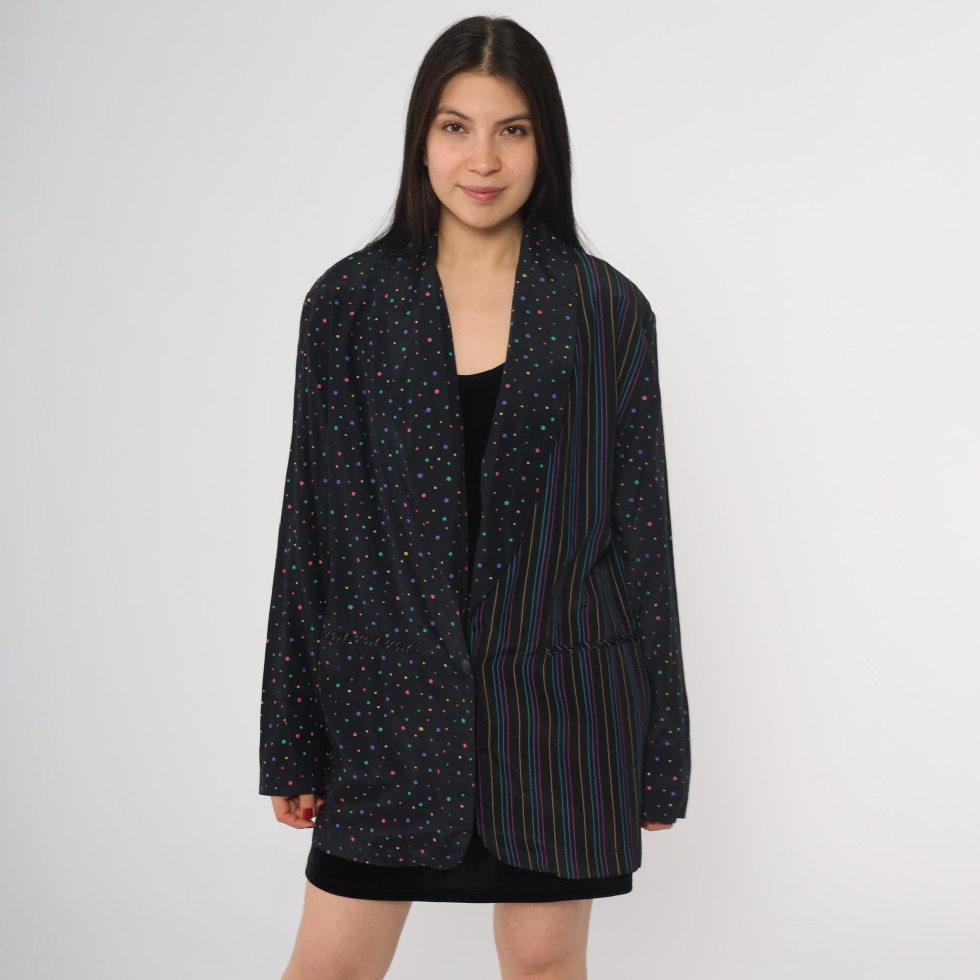 80s Columbus Circle Blazer Black Multicolor Dot Stripe Single Button Medium