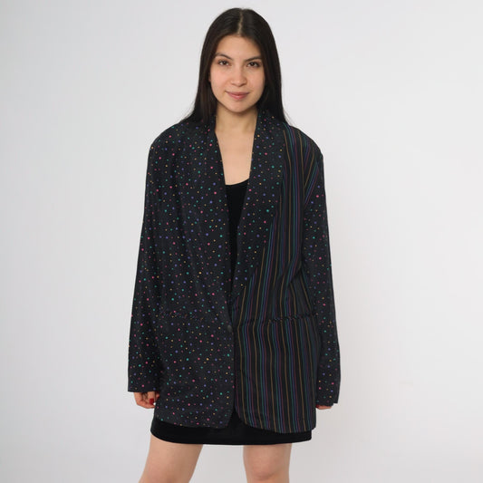 80s Columbus Circle Blazer Black Multicolor Dot Stripe Single Button Medium