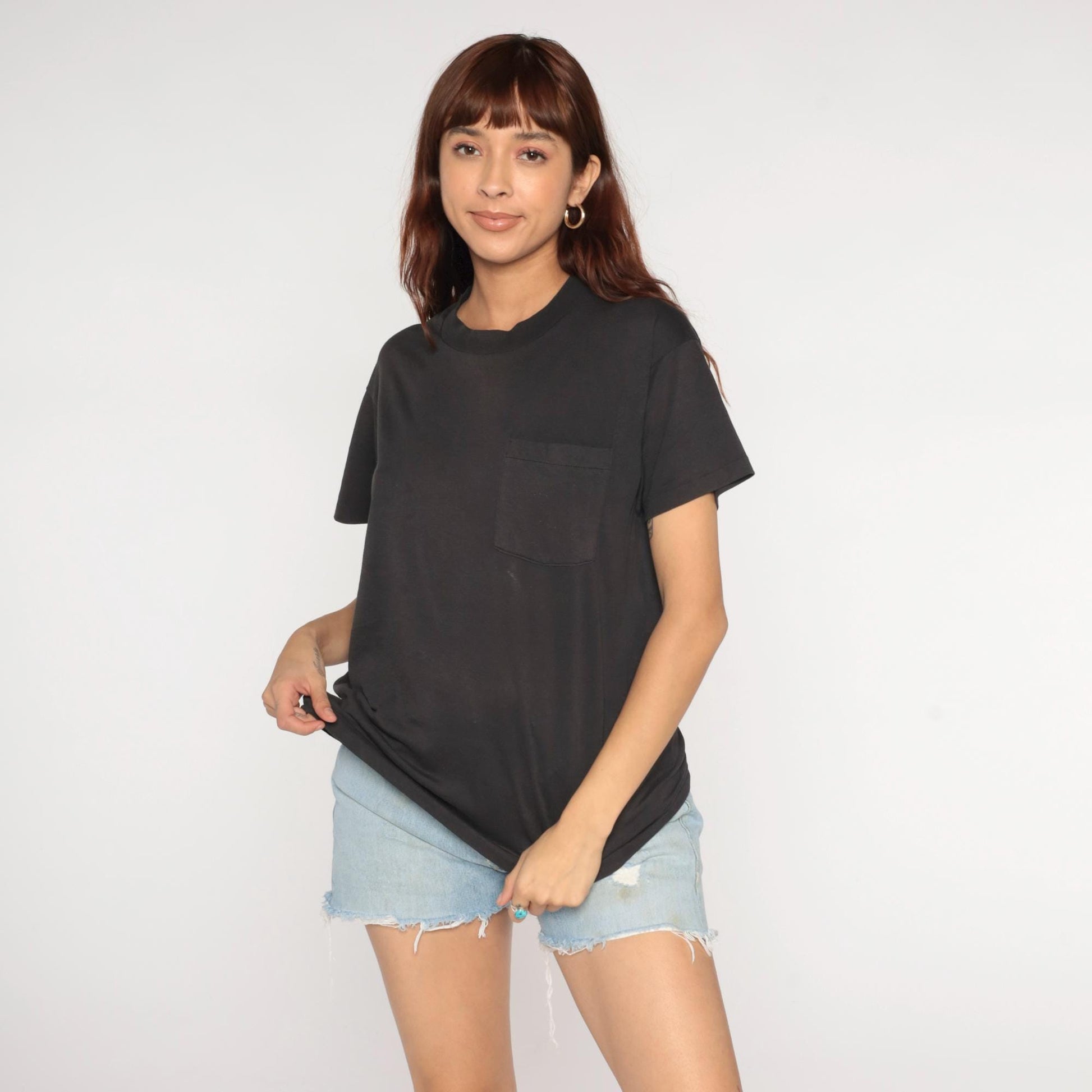 90s Black Pocket T-Shirt Cotton Blend Crewneck Small Medium