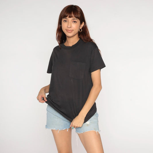 90s Black Pocket T-Shirt Cotton Blend Crewneck Small Medium