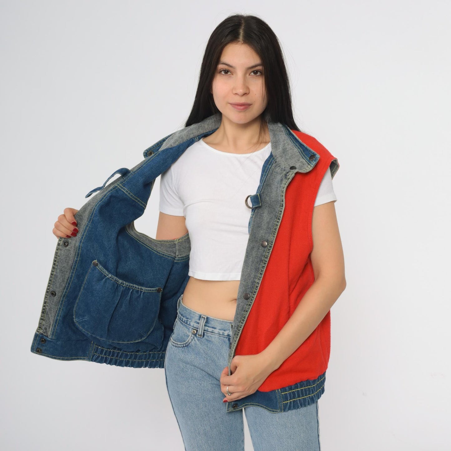 80s Izzi Reversible Denim Vest Blue Red Colorblock Medium M