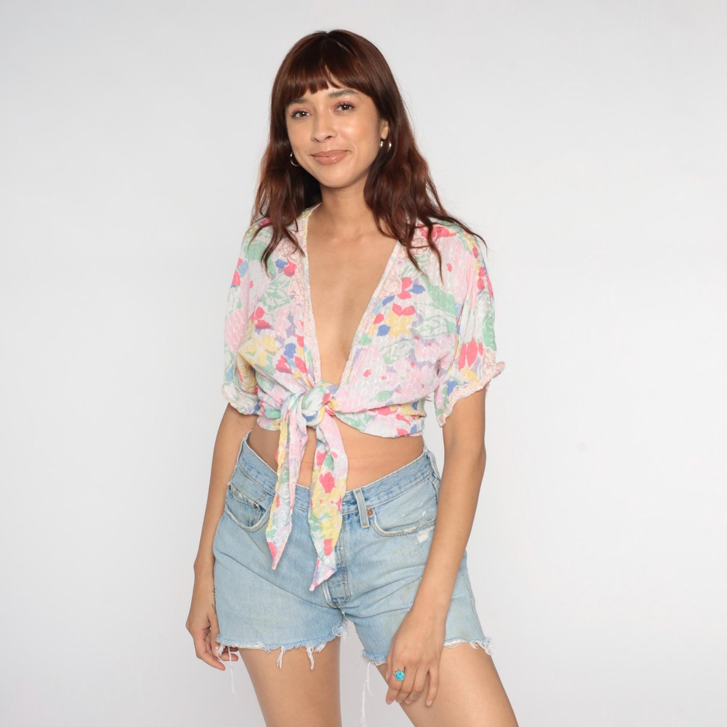 90s Pastel Floral Watercolor Crop Top Tie Front Kimono Sleeve Medium Large