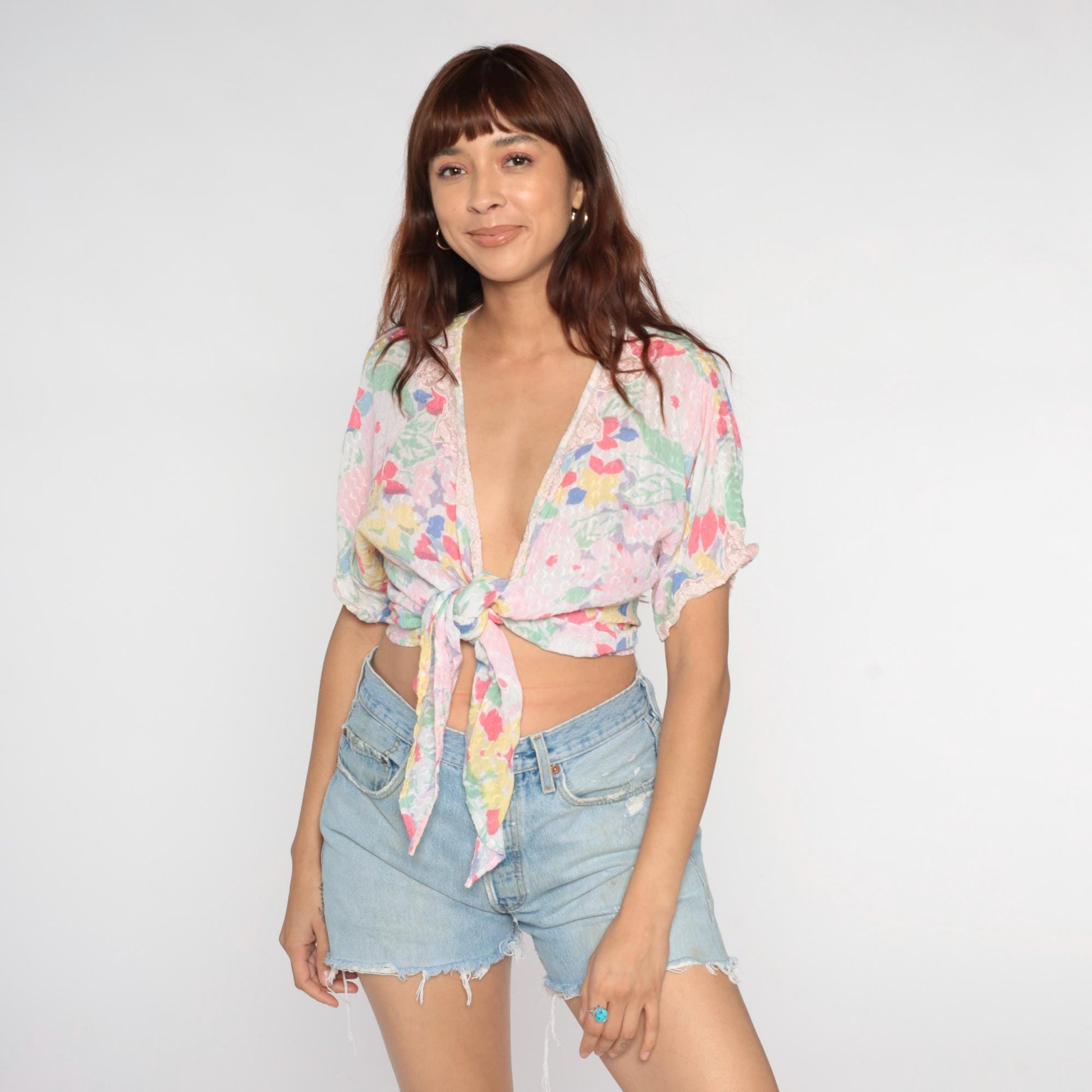 90s Pastel Floral Watercolor Crop Top Tie Front Kimono Sleeve Medium Large