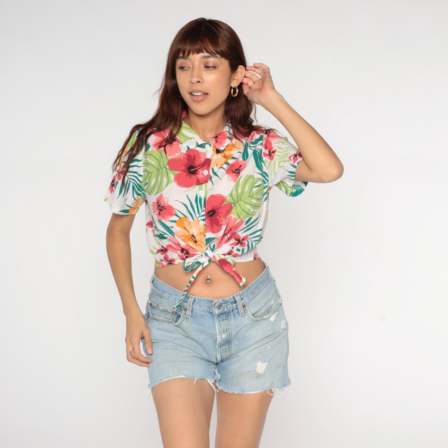 Y2K Tropical Hibiscus Crop Top Button Up Floral Shirt Pink Coral Medium