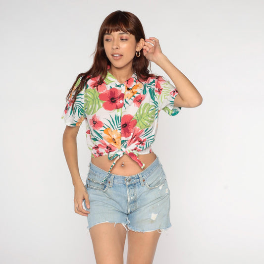 Y2K Tropical Hibiscus Crop Top Button Up Floral Shirt Pink Coral Medium