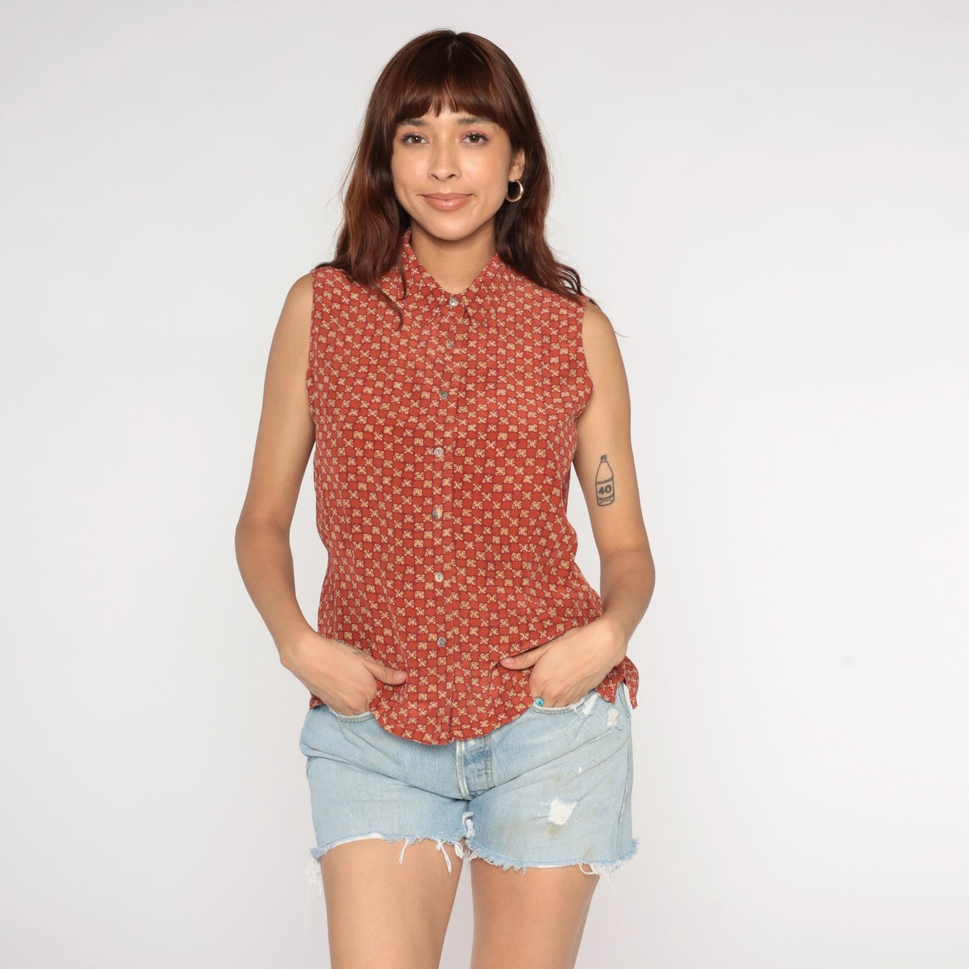 90s Rust Orange Daisy Print Silk Sleeveless Blouse Button-Up Collar Medium