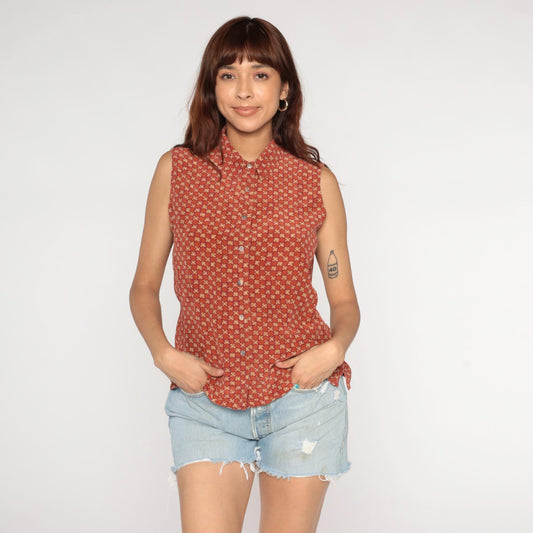 90s Rust Orange Daisy Print Silk Sleeveless Blouse Button-Up Collar Medium